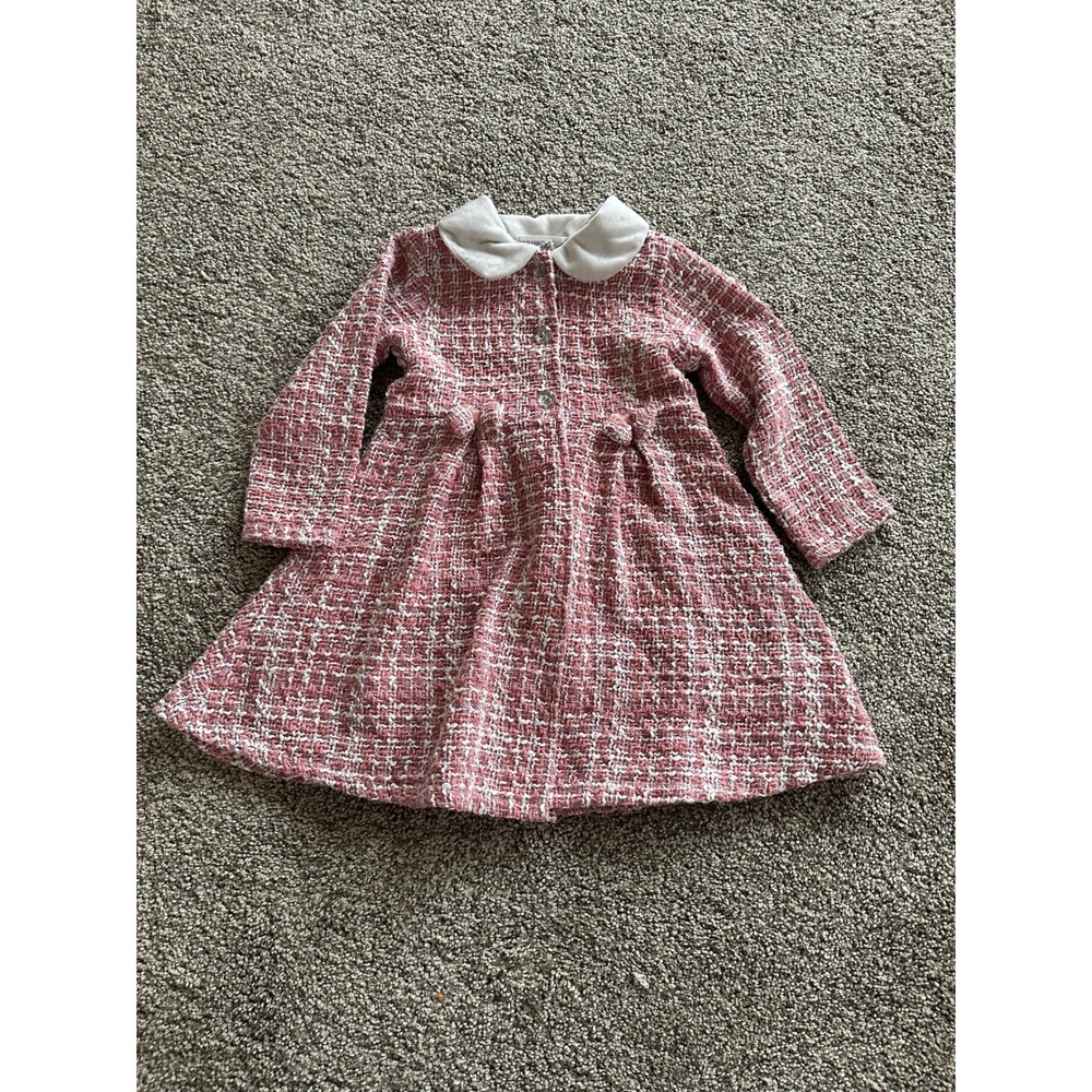 Nannette Kids Pink Tweed Boucle Dress Peter Pan Collar 3T Metallic Shimmer Bows